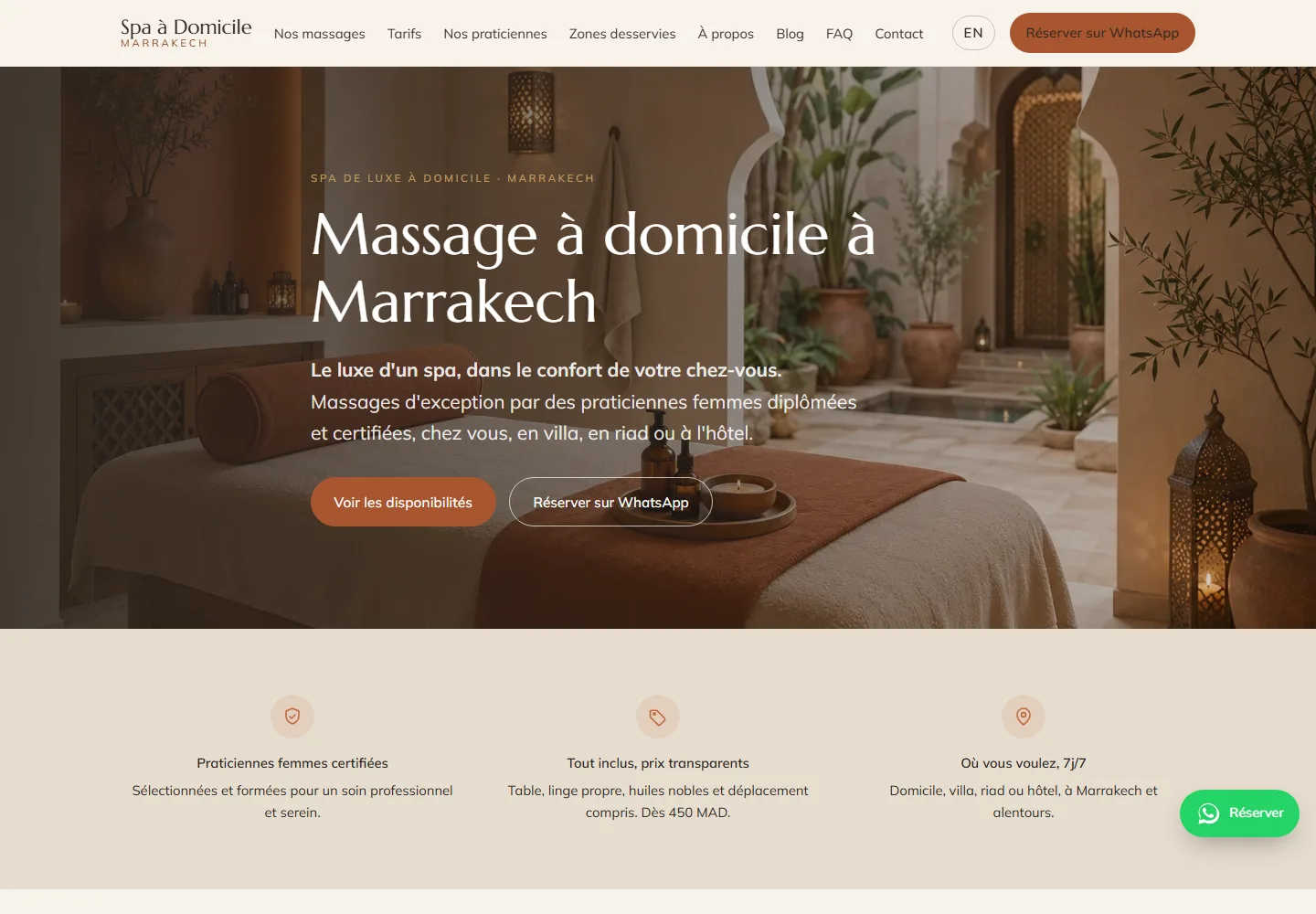 Page d’accueil du site Spa à Domicile Marrakech, créé par Bzaf Studio